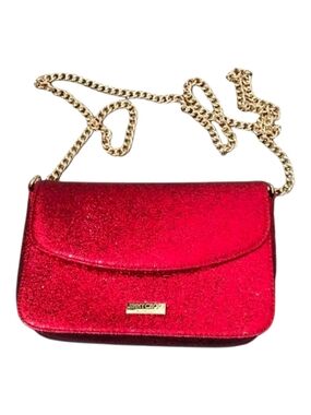 Jimmy Choo Parfums Red Glitter Crossbody Purse with Gold Chain Strap